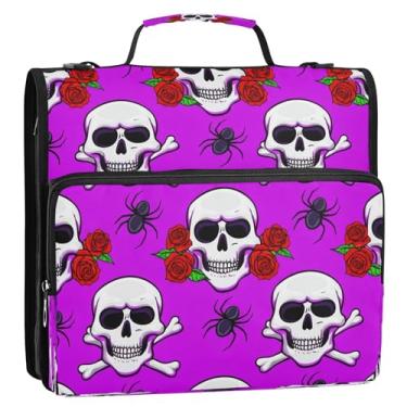 Imagem de Wassud Caveiras com fichário de zíper rosa, 3 anéis com alça de ombro e alça de vários bolsos, organizador de pastas expansíveis