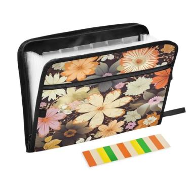 Imagem de Wassud Pasta organizadora de arquivos sanfonada de flores marrom claro A4 Pasta de arquivo de papel organizador de documentos com etiquetas pasta de arquivo expansível 13 bolsos