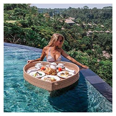 Imagem de Bandeja de servir flutuante mesa de piscina, bandeja flutuante em forma de coração para piscina, bandeja de servir flutuante de vime, bandeja de brunch flutuante, prato de frutas lounge flutuante
