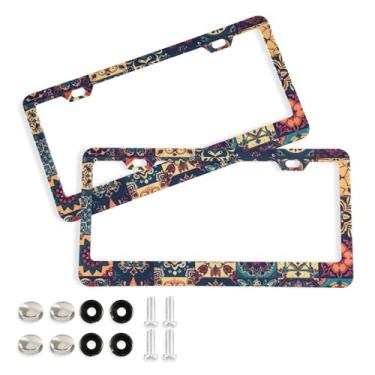 Imagem de CEBUGI Pacote com 2 molduras de placa de carro de alumínio capas de moldura de placa de carro com 2 furos padrão floral acessórios automotivos para placas dianteiras e traseiras orifício elíptico