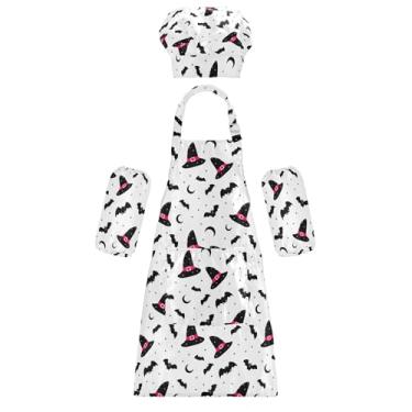 Imagem de Burbuja Avental infantil com chapéu de chef, chapéu de chefe, chapéu de bruxa, estrelas, lua, avental ajustável com bolsos para cozinhar, pintar e assar, P