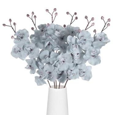 Imagem de INSUNSIX 6 peças de flores falsas azuis claras, 76 cm, orquídeas artificiais, orquídeas falsas Phalaenopsis, com hastes para buquê de casamento, festa, jardim, decoração ao ar livre (azul claro)