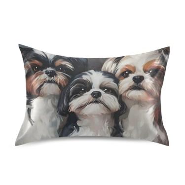 Imagem de Fronhas refrescantes impressão realista Shih Tzu pintura de cachorro cetim luxo rei queen almofadas padrão chinelos conforto presentes cama king size 101,6 cm x 50,8 cm