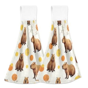 Imagem de Toalhas de cozinha de mão de animais capivaras marrons fofas com laço para pendurar toalhas de gravata de forno macias absorventes conjunto de 2, toalhas personalizadas para cozinha banheiro 47 x 35