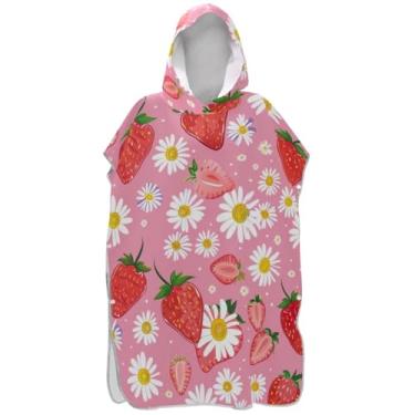 Imagem de Joisal Roupão para adultos poncho de surfe toalha de banho com capuz plus size fofo morango rosa homens mulheres poncho com capuz