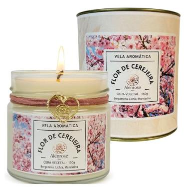 Imagem de Vela Aromática Flor de Cerejeira Alenrose – Floral Frutal, Cera de Coco 100% Vegetal, 150g, 30h de Queima, Pote de Vidro Luxo com Lata Decorativa