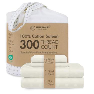 Imagem de Threadmill Jogo de cama casal de algodão | 100% algodão para cama de casal | Conjunto de lençóis de casal Damasco Jacquard com bolso profundo de 40,6 cm | Conjunto de cama refrescante de 4 peças de