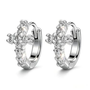 Imagem de Brincos de argola de cruz de ouro para mulheres, brincos de cruz de zircônia cúbica, baile, festa de casamento, brincos de abraço, joias cristãs, presente, Small, Cobre, Sem pedra preciosa