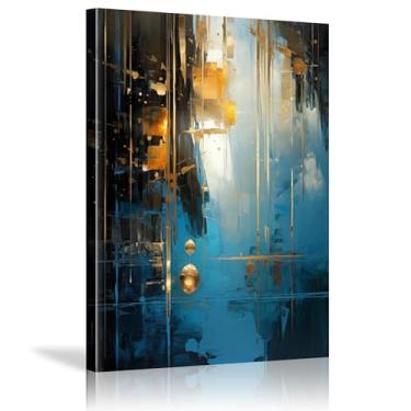 Imagem de Pinturas de parede abstratas azuis e douradas imagens de arte abstratas modernas para sala de estar quarto fotos arte em tela texturizada - (55 x 75 cm) 22 x 30 polegadas com moldura