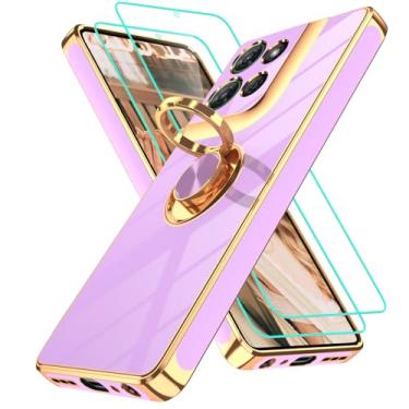 Imagem de Capa para Motorola Moto G Power 5G 2025: 2 peças de protetor de tela, suporte magnético com rotação de 360°, suporte magnético com borda dourada, roxo claro