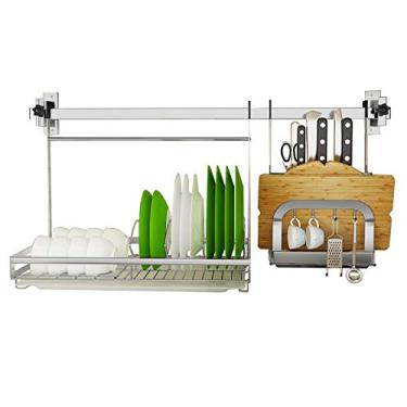 Imagem de Conjunto de escorredor de louça montado na parede com haste de tubo quadrado, escorredor de pratos de aço inoxidável 304 com drenagem, suporte de utensílios e 3 ganchos móveis para organizador de