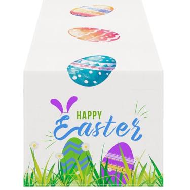 Imagem de Toalha para Mesa | Pascoa Feliz 2026 Tecido de Linho com Ovos | Toalha de Mesa de Primavera Decorações de Cozinha - para Casa Cozinha Interior Exterior Quinta Festa Piquenique Celebração Jantar Banque