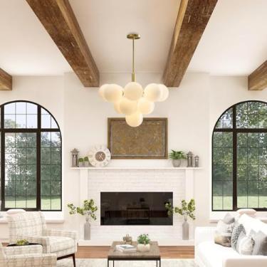 Imagem de Lustre moderno de meados do século XX com 13 lâmpadas, luminária de teto ajustável em latão estilo Sputnik com globo de vidro branco leitoso, ideal para sala de estar, quarto, corredor e sal