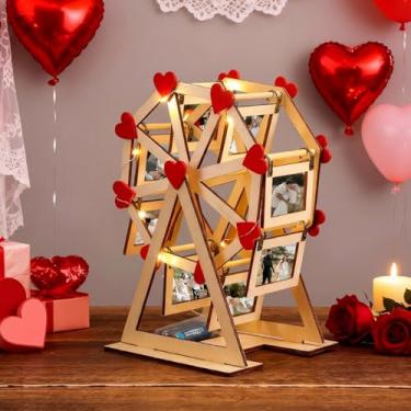 Imagem de AceOrbit Porta-retrato de roda-gigante de coração para Dia dos Namorados, presente romântico, madeira, giratório, roda-gigante, com luz de LED, 7 fotos, moldura de aniversário para mulheres