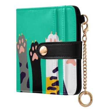 Imagem de STAYTOP Linda carteira feminina colorida com patinhas de gato com bloqueio de RFID, de couro macio, dobrável, compacta, porta-cartões para mulheres, com zíper, bolso para moedas, janela para
