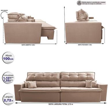 Imagem de Sofá Retrátil E Reclinável 2,72m Luxos Cama Inbox Velusoft Bege