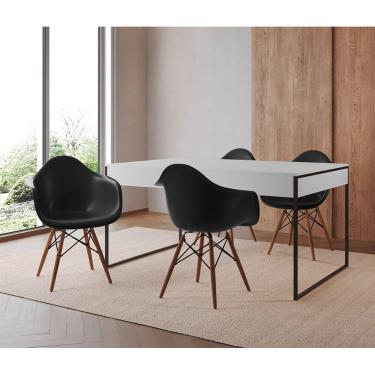 Imagem de Mesa Jantar Industrial Branca 137X90Cm Base Ferro Preto Com 4 Poltronas Pretas Cor: Branco