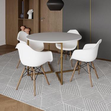 Imagem de Mesa Jantar Industrial Redonda 110Cm Branca Base V Dourada Com 4 Poltronas Daw Madeira Branco