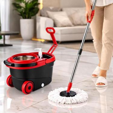 Imagem de Mop Esfregão Giratório 360 com Balde Inox Rodas Reservatório Sabão Lim