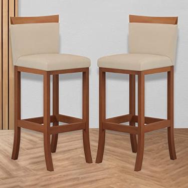 Imagem de Kit 2 Banquetas Média Encosto Estofado 38x88 Cm Ilha Paris Madeira Maciça Castanho Suede Bege - CCS
