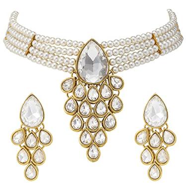 Imagem de Aheli Colar de pérolas falsas conjunto de joias indianas tradicionais Bollywood para mulheres e meninas, Metal, Sem pedras preciosas