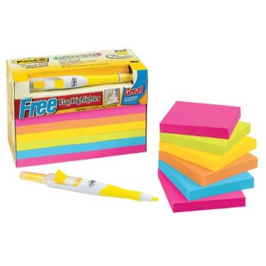 Imagem de Post-it Pacote econômico com marca-texto , 7,6 x 7,6 cm, cores neon sortidas, 12 blocos/pacote