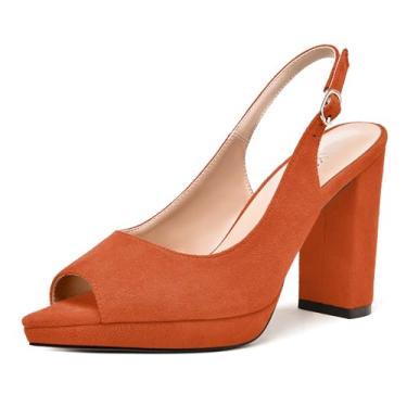 Imagem de WAYDERNS Sapato feminino com alça ajustável peep toe para noiva camurça fivela plataforma bloco sólido salto alto sapatos 10 centímetros, Laranja, 8.5