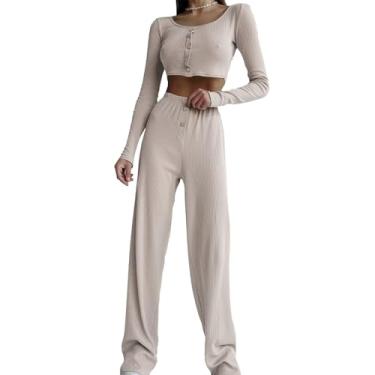 Imagem de Conjunto de Loungewear de Duas Peças, Conjunto Feminino de Manga Comprida, Perna Larga, Cor Lisa para Uso Diário para Mulheres (S)