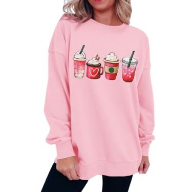 Imagem de BOUTIKOME Moletom feminino para o dia dos namorados camisa de café gráfico coração manga longa gola redonda pulôver primavera roupas tops, rosa, G