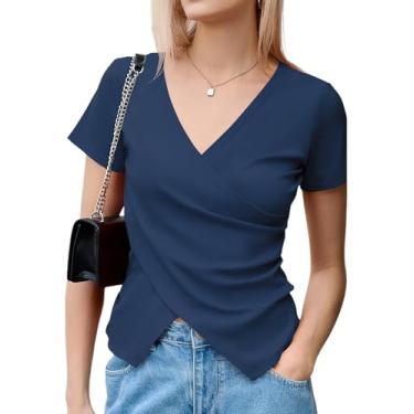 Imagem de Micoson Camisetas femininas cruzadas de verão com decote em V profundo, casual, sexy, de malha, manga curta, caimento justo, camisas franzidas, Azul marinho, XXG