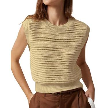 Imagem de Lueluoye Suéter feminino de malha de verão com manga cavada, casual, moderno, gola redonda, pulôver canelado, Caqui, GG