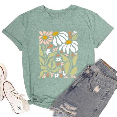 Imagem de Camiseta feminina com estampa floral floral de verão camiseta casual de manga curta para amantes de plantas, Verde - 2, G