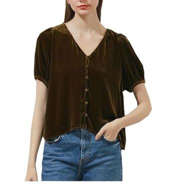 Imagem de fengbaoyu Camiseta feminina de veludo primavera e verão manga curta gola V camiseta feminina commuter blusa brilhante temperamento, Mostarda amarela, M