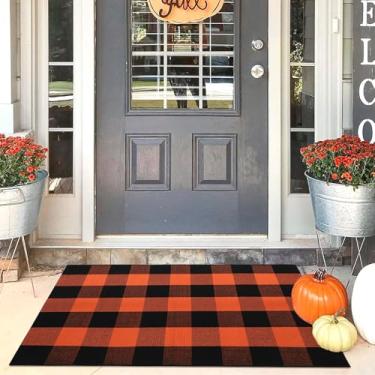 Imagem de WAYYE Buffalo Tapete xadrez para área externa, capachos laváveis para ambientes internos e externos para tapetes de porta da frente em camadas, varanda, entrada, cozinha, fazenda (xadrez laranja e
