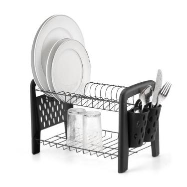 Imagem de Escorredor De Louça Duplo 16 Pratos Porta Talher e Copos Preto e Croma
