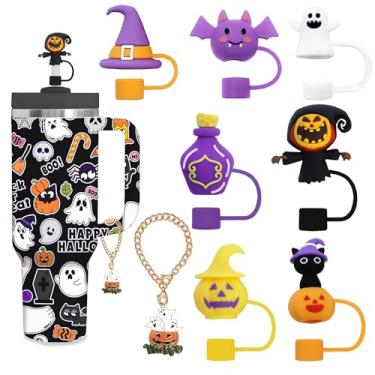 Imagem de XIANGYUAN 8 peças de topo de palha de Halloween, acessórios de copo Stanley de Halloween 10 mm, para Stanley 1,134 g ou 850 g topo de palha fantasma para decoração de Halloween Stanley Cup (laranja e