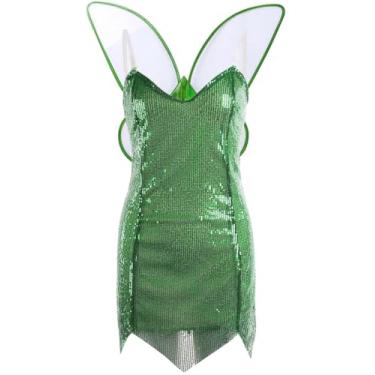 Imagem de Yiulangde Vestido verde Tinkerbell fantasia de fada de Halloween feminino sexy espartilho mini vestido de cetim Y2k asas de elfo sininho cosplay vestido de festa