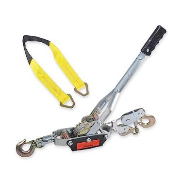 Imagem de BIGREAT Cabo de aço resistente de 5 toneladas com 3 ganchos extrator de energia de engrenagem dupla vem junto com a ferramenta de catraca de guincho e alça de amarração de 5 cm x 91 cm com anéis D (1,511 kg)
