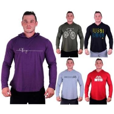 Imagem de Kit 5 Camisetas Manga Longa com Touca Longline Estampada Fitness Musculação Dia-a-Dia-Masculino