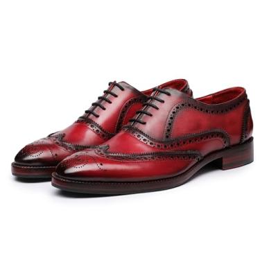 Imagem de Lethato Sapato social masculino Wingtip Brogue Oxford feito à mão em couro legítimo com cadarço, Vinho tinto, 11.5-12