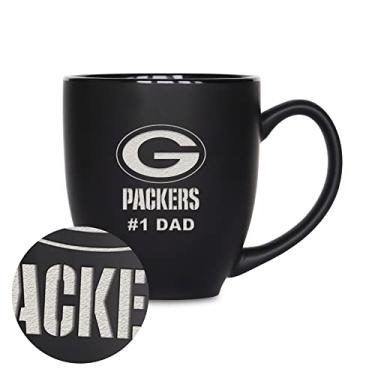 Imagem de Rico Industries NFL Football Green Bay Packers #1 Dad 455 g gravado a laser preto fosco caneca de cerâmica bistrô - para bebidas quentes ou frias