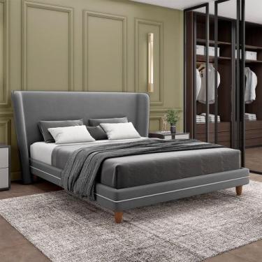 Imagem de Conjunto Cama com Cabeceira King Torres Pés em Madeira Veludo Cinza G9