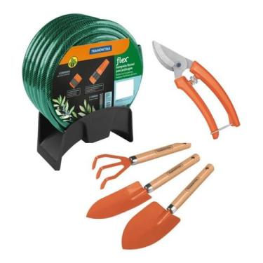 Imagem de Kit Mangueira Com Suporte 10 Metros + 4 Peças Tramontina  Presente par