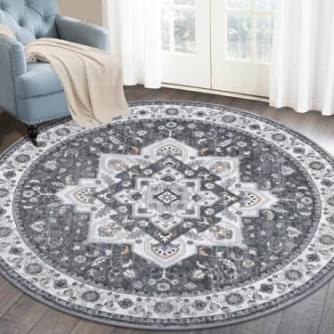 Imagem de HEBE Tapete redondo lavável de 1,2 m, antiderrapante, vintage, para quarto, macio, sem queda, tapete de cabeceira redondo boho para sala de estar, sala de jantar, banheiro, faculdade, dormitório