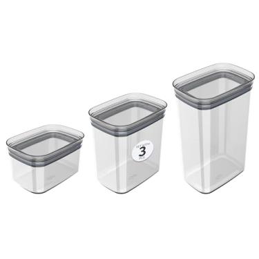 Imagem de Ou, KTE048NT, Kit Potes Herméticos Retangulares 0.65L 1.5L e 2.3L Porta Mantimentos com Tampa, cor Natural, Poliestireno Silicone