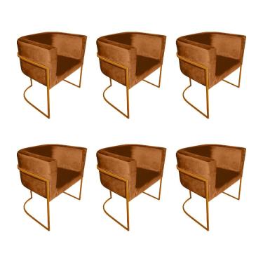Imagem de Kit 6 Poltronas Decorativa Sala de Estar Base de Ferro Cobre Veludo Terracota