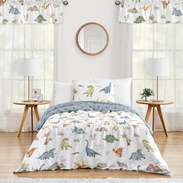 Imagem de Sweet Jojo Designs Conjunto de edredom solteiro de dinossauro em aquarela para crianças, adolescentes, faculdade, quarto 4p verde ardósia azul branco moderno natureza jurássica pegada de animais aço