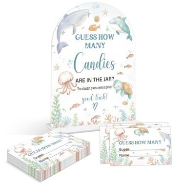 Imagem de Jogos de chá de bebê - Under The Sea Guess How Many Doces Are in the Pote, 1 placa de acrílico em arco e 50 cartas de adivinhação, jogo de revelação de gênero, suprimentos de decoração de chá de bebê