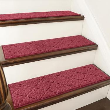 Imagem de COSY HOMEER Tapete antiderrapante para degraus de escada de 71 cm x 23 cm para degraus de madeira, tapetes de escada para crianças e cães, 100% poliéster TPE (10 peças, vermelho)