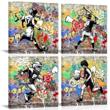 Imagem de KLVOS 4 peças de arte de parede de graffiti imagem esportiva futebol basquete beisebol futebol pintura de parede arte pop moderna para decoração de quarto de menino adolescente